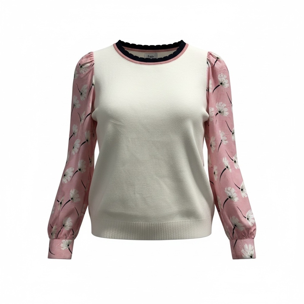Fate Women's White Sweater with Pink Floral Sleeves